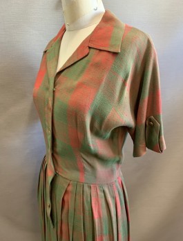 N/L, Olive Green, Red, Cotton, Plaid, Slubbed Texture Fabric, Short Dolman Sleeves with Cuffs, Shirtwaist with Gold Buttons at Front, Collar Attached, Pleated Skirt, Knee Length,