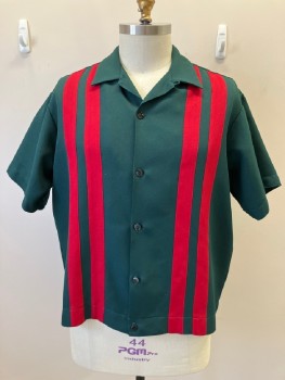 Mens, Casual Shirt, MONDORAMA, Forest Green, Red, Polyester, Stripes - Vertical , Color Blocking, XL, Open Collar with Button Loop, S/S, Back Yoke, Twill, Double Vert Stripe Applque,