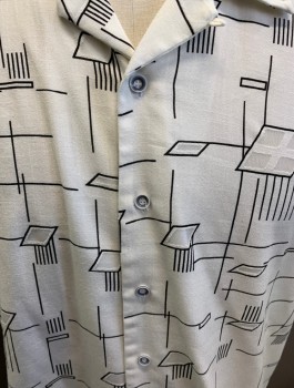GIORGIO INSERTI, Antique White, Black, Rayon, Polyester, Abstract , S/S, Collar with Black & White Buttons Sheer Linen in the Window Pane Detail