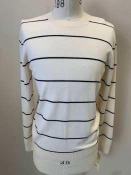Mens, Pullover Sweater, VINCE, Cream, Black, Wool, Stripes - Horizontal , S, Long Sleeves, Crew Neck,