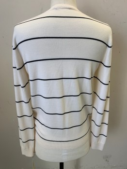 Mens, Pullover Sweater, VINCE, Cream, Black, Wool, Stripes - Horizontal , S, Long Sleeves, Crew Neck,