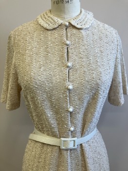 LESLIE FAY, Cream, Knit, C.A., Quarter B.F., S/S, With White Leather Waist Belt