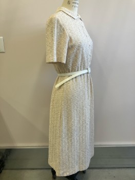 LESLIE FAY, Cream, Knit, C.A., Quarter B.F., S/S, With White Leather Waist Belt