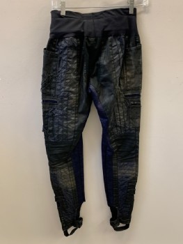 NL, Black, Navy Blue, Synthetic, Solid, Camouflage, Elastic Waist Band, Strips On Front & Back Leg, 4 Pckts, Camo Inserts, Stirrup, Distressed