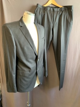 Mens, Suit, Jacket, HUGO BOSS, Charcoal Gray, Wool, Solid, 42 R, Notched Lapel, 2 Buttons,  3 Pockets,