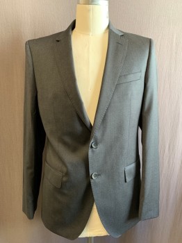 HUGO BOSS, Charcoal Gray, Wool, Solid, Notched Lapel, 2 Buttons,  3 Pockets,