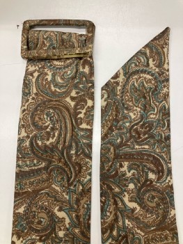 Womens, 1960s Vintage, Piece 2, N.Y. VINTAGE, W:26, B: 36, H: 36, Dress, Brown/ Multi-color, Paisley, Round Neck, Sleeveless, Side Pockets, Back Zip, With Matching Belt