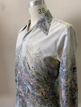 Mens, Shirt Disco, N/L, Lt Gray, Gray, Yellow, Red, Polyester, Abstract , M, Swirled Paint Pattern, L/S, Button Front, V Neck Opening, Dagger Collar, Disco