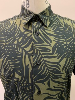 Mens, Casual Shirt, HUGO BOSS, Olive Green, Black, Cotton, Leaves/Vines , M, S/S, Button Front, Collar Attached