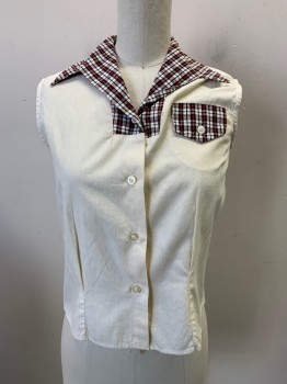 Womens, Blouse, HOLIDAY, Beige, Poly/Cotton, Solid, B: 30, Red, Black, & White Collar & Pocket Flap, C.A., Button Front, Sleeveless