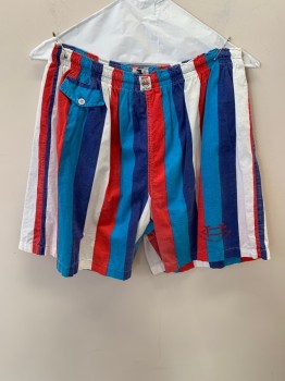 Mens, Shorts, TOM TAILOR, Navy Blue, White, Red, Cyan Blue, Cotton, Stripes - Vertical , W:30, Faded, Elastic Waist, 1 Tiny Pocket
