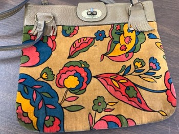 Womens, Purse, NL, Lt Brown with Multi Color Floral Velvet Fabric Lined Over Lt Brown Leather, 2 Leather Shoulder Straps