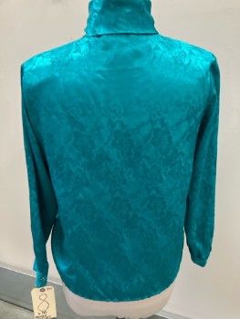 FASHION ATTITUDES, Teal Green, Polyester Floral Jacquard, L/S, Hidden B.F., Pleated Front, Pleated Stand Collar