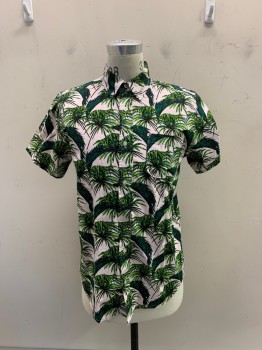 Mens, Hawaiian Shirt, FREE NATURE, Dk Green, Baby Pink, Cotton, Leaves/Vines , S, Button Down Collar, Button Front, S/S, 1 Pocket,
