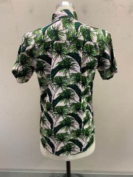 Mens, Hawaiian Shirt, FREE NATURE, Dk Green, Baby Pink, Cotton, Leaves/Vines , S, Button Down Collar, Button Front, S/S, 1 Pocket,