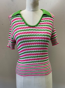 Womens, Shirt, Miss Sixty, Lime Green, White, Pink, Acrylic, Polyester, Stripes - Horizontal , L, S/S, C.A., Crochet Top Scoop Neck,