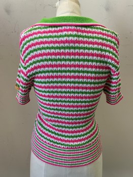 Womens, Shirt, Miss Sixty, Lime Green, White, Pink, Acrylic, Polyester, Stripes - Horizontal , L, S/S, C.A., Crochet Top Scoop Neck,