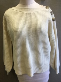 Womens, Pullover, MADEWELL, Cream, Wool, Solid, S, Ribbed Thick Knit, Long Sleeves, Bateau/Boat Neck, 3 Large Brown and Tan Buttons at Shoulder, Oversized Fit
