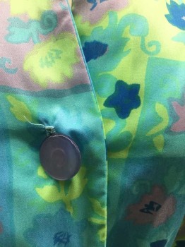 N/L, Turquoise Blue, Lime Green, Lavender Purple, Blue, Silk, Floral, Novelty Pattern, 3/4 Sleeve, Pleated At Waist, A Line, 3 Large Lavender Plastic Buttons @ Center Front, V Neck W/Curved Collar, Attached Self Tie Bow @ Neck, **Comes With Matching Self Fabric Belt: At Time Of Inventory Belt Is Damaged, Cracked At Center.