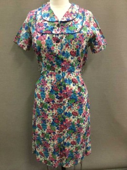 A DIXIE LOU FROCK, White, Fuchsia Pink, Turquoise Blue, Royal Blue, Green, Cotton, Floral, Short Sleeve,  Peter Pan Collar, Dark Blue Piping Trim, Navy Buttons, Straight Cut Skirt,
