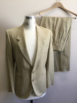 Mens, Suit, Jacket, N/L, Khaki Brown, Wool, Linen, Herringbone, 36R, Single Breasted, Collar Attached, Notched Lapel, 3 Pockets, 2 Buttons