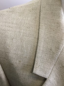 Mens, Suit, Jacket, N/L, Khaki Brown, Wool, Linen, Herringbone, 36R, Single Breasted, Collar Attached, Notched Lapel, 3 Pockets, 2 Buttons