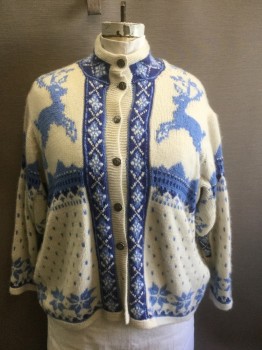 PISCOTTA, Cranberry Red, Lt Blue, Blue, Cashmere, Holiday, Button Front, Long Sleeves, Stand Collar, Silver Buttons with Elves and Reindeer, Reindeer and Fair Isle Patter