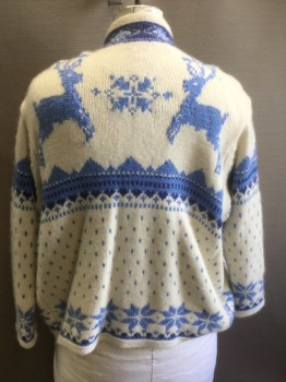 Womens, Sweater, PISCOTTA, Cranberry Red, Lt Blue, Blue, Cashmere, Holiday, L, Button Front, Long Sleeves, Stand Collar, Silver Buttons with Elves and Reindeer, Reindeer and Fair Isle Patter