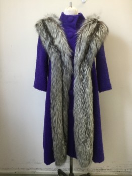 Womens, Fur, N/L, Purple, Wool, Fur, Solid, L, Boucle Coat, 2 Large Self Fabric Buttons Front, Top 2 Actual Buttons Rest are Faux Buttons with Actual Snap Closure, Hem Below Knee, Gray/Black Fur Stole Attached