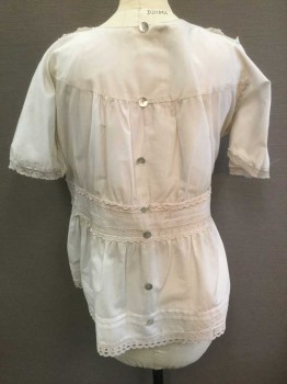 N/L, Off White, Lt Blue, Cotton, Lace, Solid, Short Sleeve,  Pullover, White Lace Collar, Cream Lace and Light Blue Satin Trim At Cuffs & Armscye, Eyelet Trim At Waist & Hem, Non Functional (Decorative Only) Gray Mother Of Pearl Buttons In Back, Teched/Overdyed Lightly
