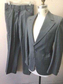 Mens, 1970s Vintage, Suit, Jacket, ACADEMY AWARD CLOTHE, Slate Gray, Dusty Blue, Lt Gray, Wool, Stripes - Micro, Stripes - Vertical , 36L, Single Breasted, Notch Lapel with Long Lower Notch, 2 Buttons,  3 Pockets,