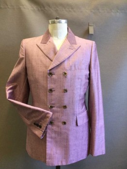 COMME DE GARCONS, Lilac Purple, Black, Polyester, Silk, Heathered, Print, Silk Polyester Blend Sharkskin Slub. Double Breasted, Peaked Lapel, 1 Welt Pocket, 2 Pockets with Flaps. 2 Vent Slits at Back. Medallion Printed Collar