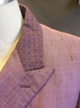 COMME DE GARCONS, Lilac Purple, Black, Polyester, Silk, Heathered, Print, Silk Polyester Blend Sharkskin Slub. Double Breasted, Peaked Lapel, 1 Welt Pocket, 2 Pockets with Flaps. 2 Vent Slits at Back. Medallion Printed Collar