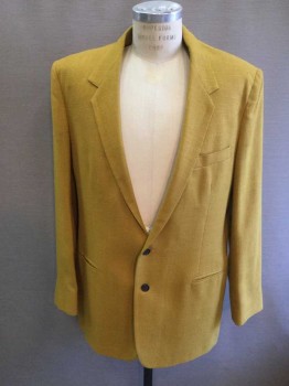 Mens, Blazer/Sport Co, Academy Award Clothe, Mustard Yellow, Linen, Silk, Solid, 44L, Single Breasted, Collar Attached, Notched Lapel, 3 Pockets, 2 Buttons