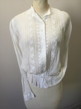 N/L, White, Cotton, Floral, Solid, Lightweight Cotton, Long Sleeve Button Front, Band Collar, Intricate Pin Tucks at Shoulders, Center Back, Sleeves and Cuffs, Floral Embroidery at Front at Either Side of Button Placket, Gathered at Waist, **Holes/Wear at Shoulders, Has Been Mended Throughout,