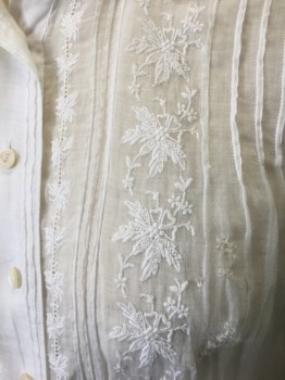 N/L, White, Cotton, Floral, Solid, Lightweight Cotton, Long Sleeve Button Front, Band Collar, Intricate Pin Tucks at Shoulders, Center Back, Sleeves and Cuffs, Floral Embroidery at Front at Either Side of Button Placket, Gathered at Waist, **Holes/Wear at Shoulders, Has Been Mended Throughout,