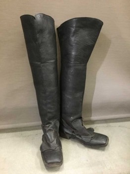 NO LABEL, Black, Leather, Solid, Cavalier Boot, Spur Buckle Strap, Square Toe, Knee High, Bucket Top, Made To Order,