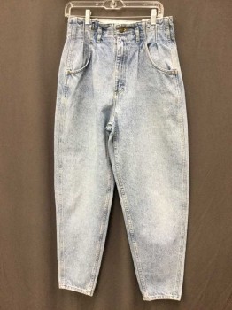 LEE, Blue, Cotton, Solid, High Gathered Pleat Waist, Stone Washed Jeans