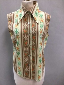 Womens, Blouse, PERMANENT PRESS, Lt Yellow, Brown, Green, Orange, Lime Green, Polyester, Cotton, Stripes - Vertical , Floral, Sleeveless, Button Front, Collar Attached, Vertical Stripes/Columns W/Flowers + Swirls,