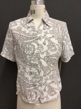 Womens, Blouse, LIZ BAKER, Off White, Brown, Polyester, Paisley/Swirls, Floral, L, S/S, Button Front, Collar Attached, V-Neck, Fitted