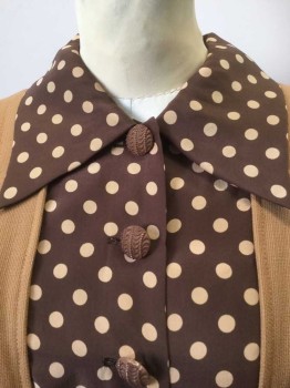 MTO, Lt Brown, Dk Brown, Tan Brown, Wool, Polyester, Solid, Polka Dots, Lt Brown Solid with Dark Brown/Tan Polka Dot Details, Pleated From Shoulders, Short Sleeves, Button Front, Collar Attached, Collar/front Panel/Placket Silk Polka Dot, Center Front Pleat at Knee, 2 Pockets, Silk Polka Dot Belt with Lt Brown Clasp, Side Zip, Hem Below Knee