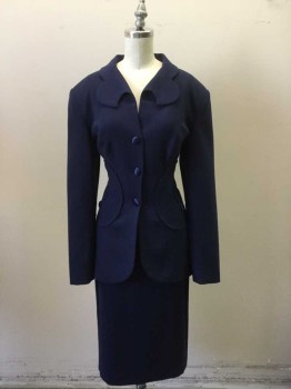 Womens, 1990s Vintage, Suit, Jacket, N/L, Navy Blue, Wool, Nylon, Solid, 6, 3 Button Closure. Novelty Shaped Collar and Novelty Swirl Appliques at Front. Fitted at Waist. Yoke at Back,