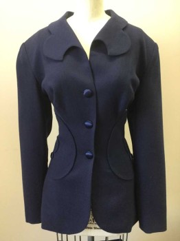 N/L, Navy Blue, Wool, Nylon, Solid, 3 Button Closure. Novelty Shaped Collar and Novelty Swirl Appliques at Front. Fitted at Waist. Yoke at Back,