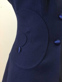 Womens, 1990s Vintage, Suit, Jacket, N/L, Navy Blue, Wool, Nylon, Solid, 6, 3 Button Closure. Novelty Shaped Collar and Novelty Swirl Appliques at Front. Fitted at Waist. Yoke at Back,