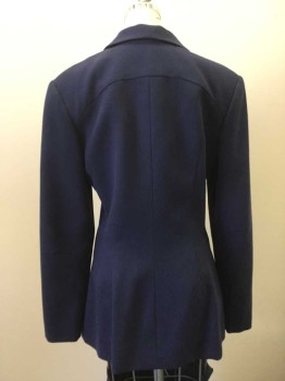 N/L, Navy Blue, Wool, Nylon, Solid, 3 Button Closure. Novelty Shaped Collar and Novelty Swirl Appliques at Front. Fitted at Waist. Yoke at Back,