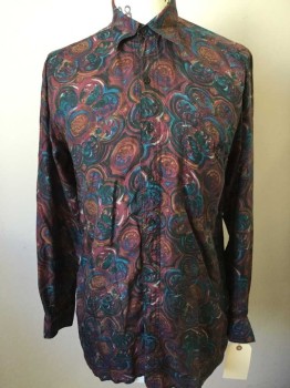 JAZZ MAN, Multi-color, Red Burgundy, Blue, Silk, Abstract , Long Sleeves, Button Front, Collar Attached, 1 Pocket, Mayan Calendar