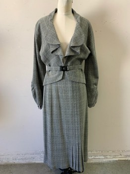 Womens, 1930s Vintage, Suit, Jacket, N/L, Gray, Black, White, Wool, Speckled, Grid , W:24, B:34, H:30, Gray and Black Speckled, with Black and White Intersecting Grid Stripes, Bishop Style Sleeves with Tiny Snap Closure at Cuff, Folded Round Collar/Lapel, Open Center Front with No Closures, Hi/Low Hemline (Longer in Back), Pointed Back of Collar at Center Back Neck, Elastic Panel at Center Back Waist, Made To Order 1930's Reproduction **3 Pieces Total: Suit Comes with Matching Self Fabric Belt with Red Circular Buckle