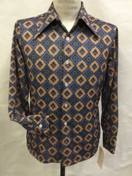 JC PENNY, Brown, Lt Blue, Navy Blue, Red, Polyester, Geometric, Medallion Pattern, Button Front, Exaggerated Collar Attached, Long Sleeves with Button Cuffs