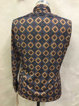 JC PENNY, Brown, Lt Blue, Navy Blue, Red, Polyester, Geometric, Medallion Pattern, Button Front, Exaggerated Collar Attached, Long Sleeves with Button Cuffs