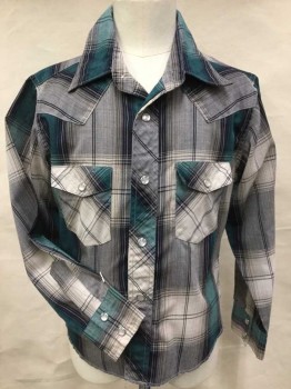 WRANGLER, Heather Gray, Teal Green, Off White, Lt Gray, Cotton, Polyester, Plaid, Western Style, Collar Attached, Yoke, Pearly Gray Snap Front, 2 Pockets W/flap, Long Sleeves,